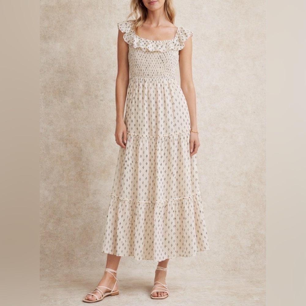 Fit & Flare Smocked Printed Maxi Dress Ruffled soft Cotton Rayon mix